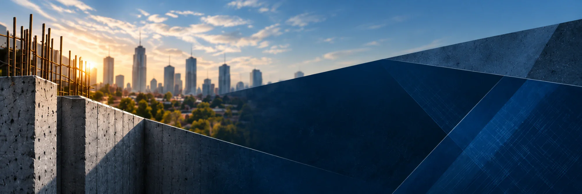 Concrete foundation wall with rebar in front of a city skyline at sunset